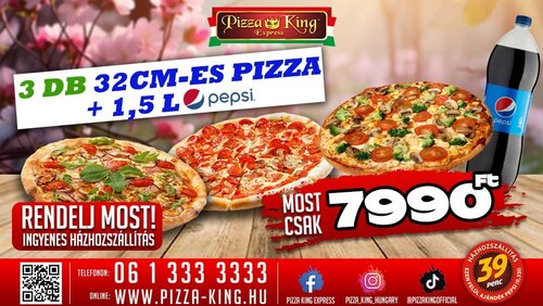 Pizza King 21 - 3 db normál pizza 1,5 literes Pepsivel - Szuper ajánlat - Online order
